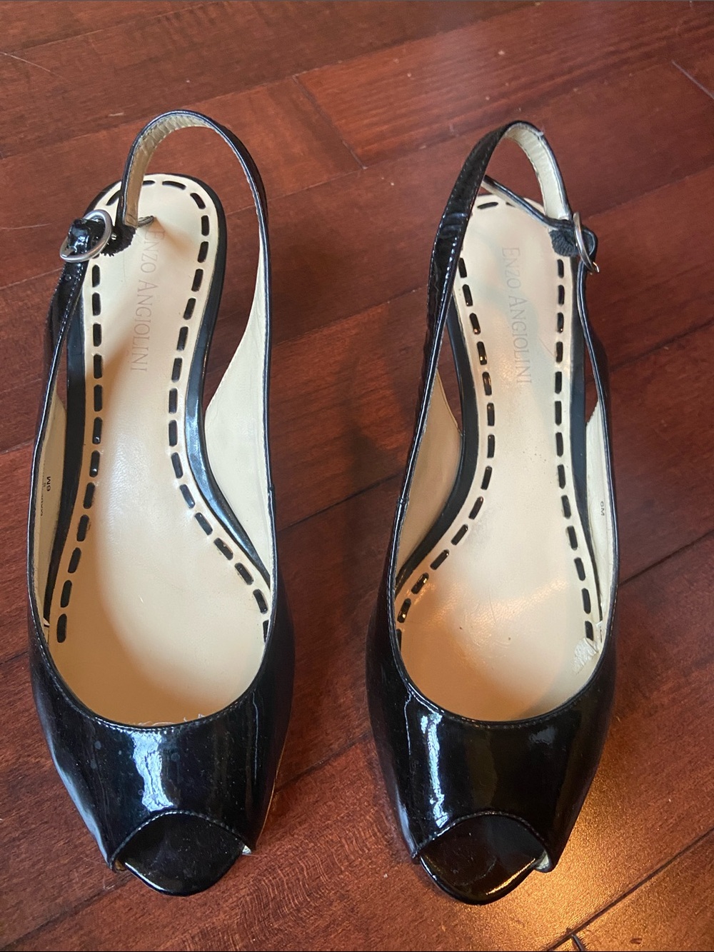 Enzo Angiolini Black Patent Peep-Toe Slingback Mules